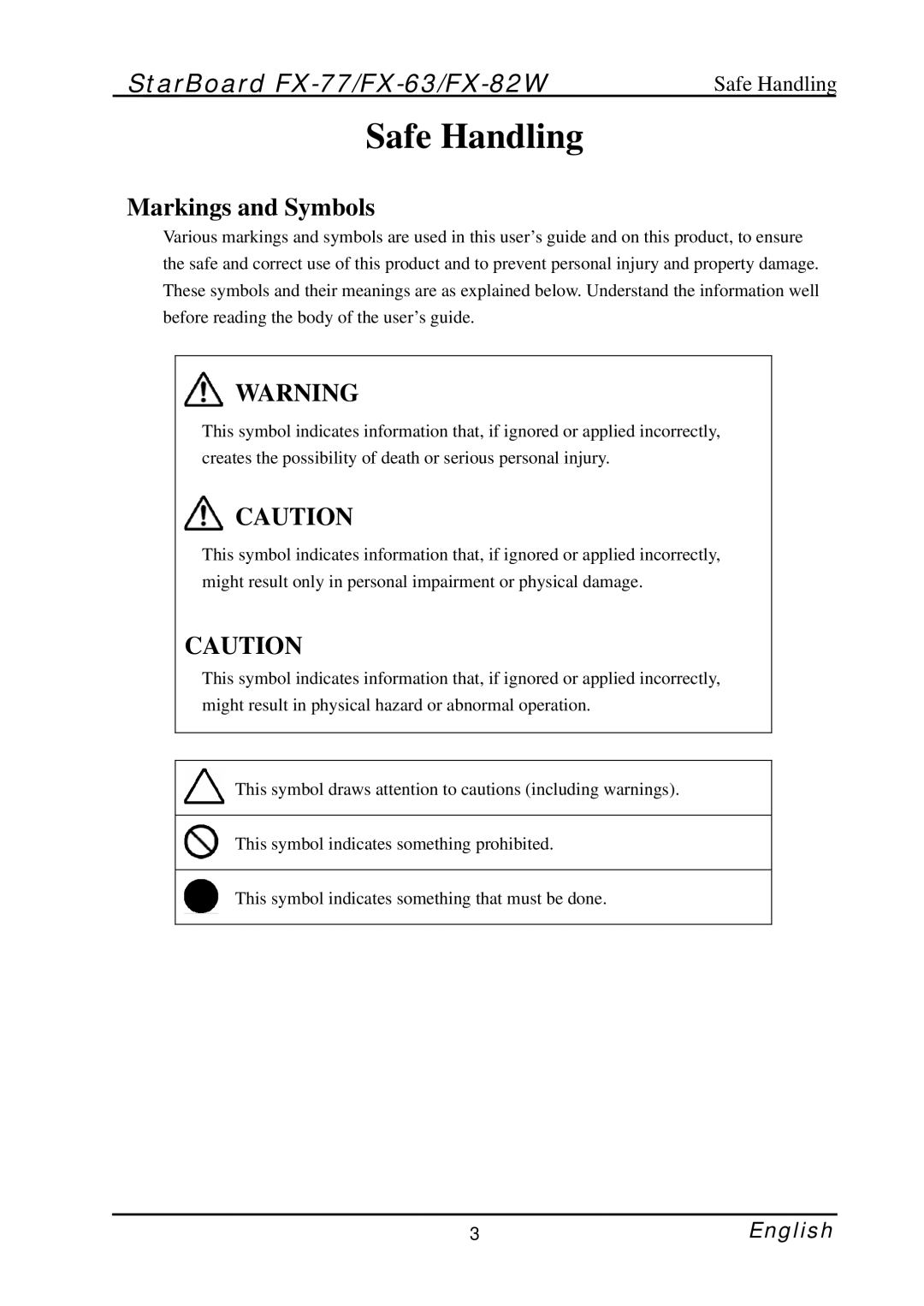 Hitachi FX-82W, FX-77, FX-63 manual Safe Handling, Markings and Symbols 