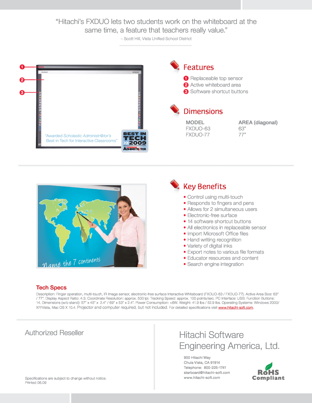 Hitachi FXDUO-63 Features, Dimensions, Key Benefits, “Hitachi’s FXDUO lets two students work on the whiteboard at the 