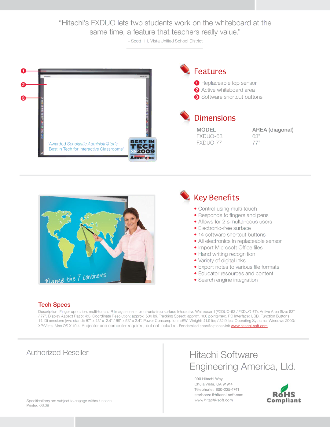 Hitachi FXDUO-63 manual Features, Dimensions, Key Benefits, Tech Specs 