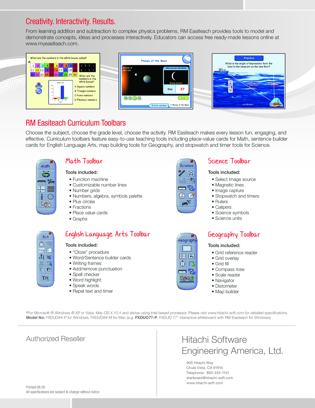 Hitachi FXDUO77-P warranty Math Toolbar, English Language Arts Toolbar, Science Toolbar, Geography Toolbar 