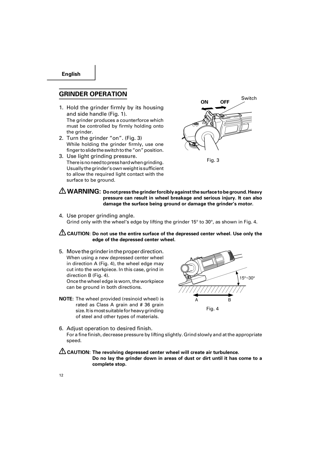 Hitachi G 12SA2 instruction manual Grinder Operation 