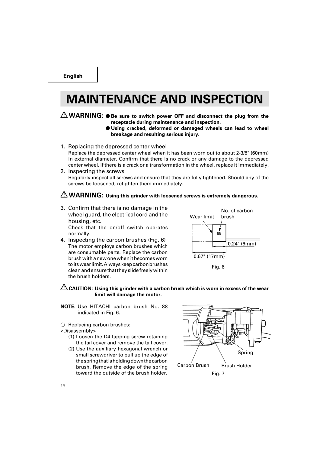 Hitachi G 12SA2 instruction manual Maintenance and Inspection 