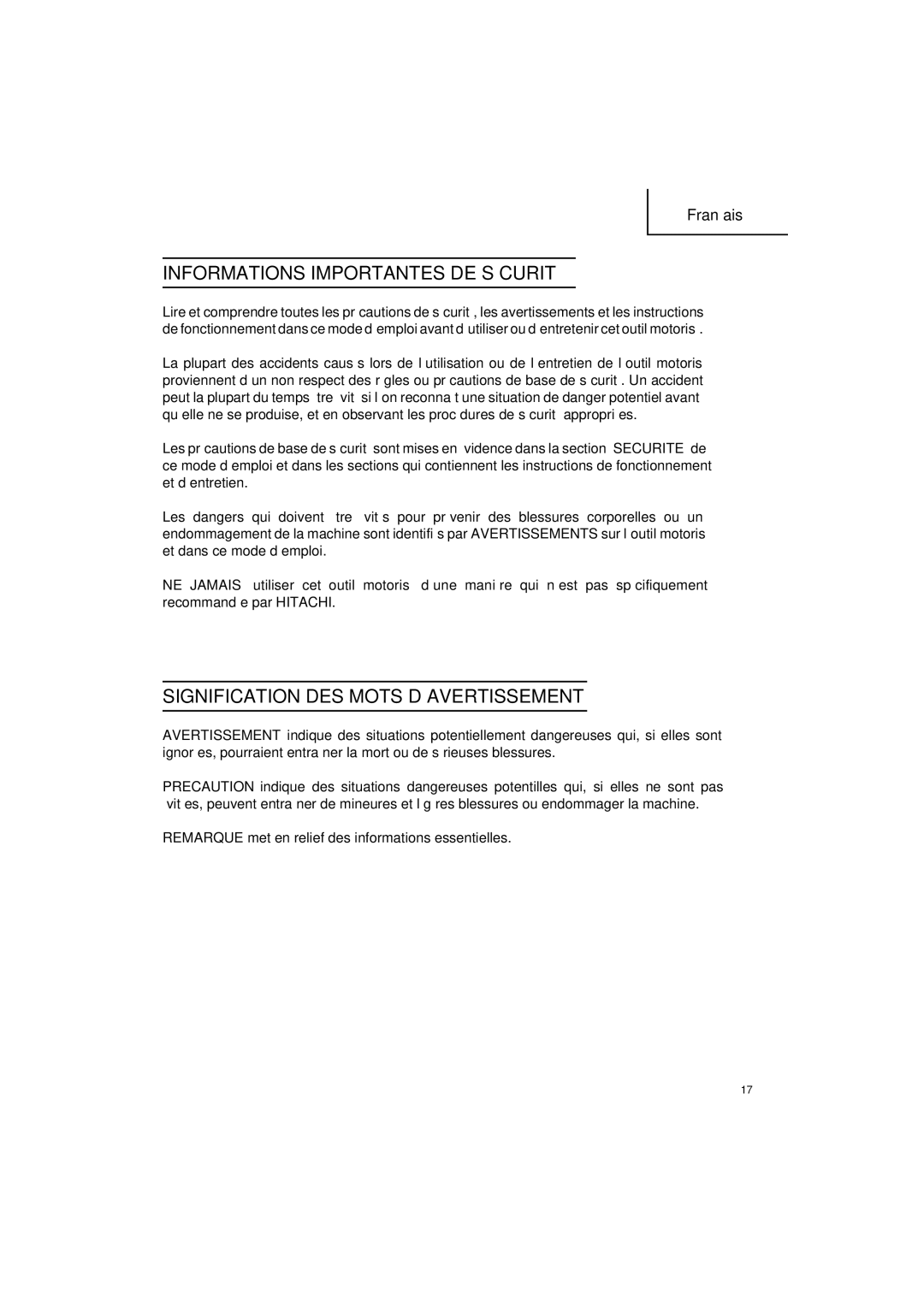 Hitachi G 12SA2 instruction manual Informations Importantes DE Sécurité, Signification DES Mots D’AVERTISSEMENT 