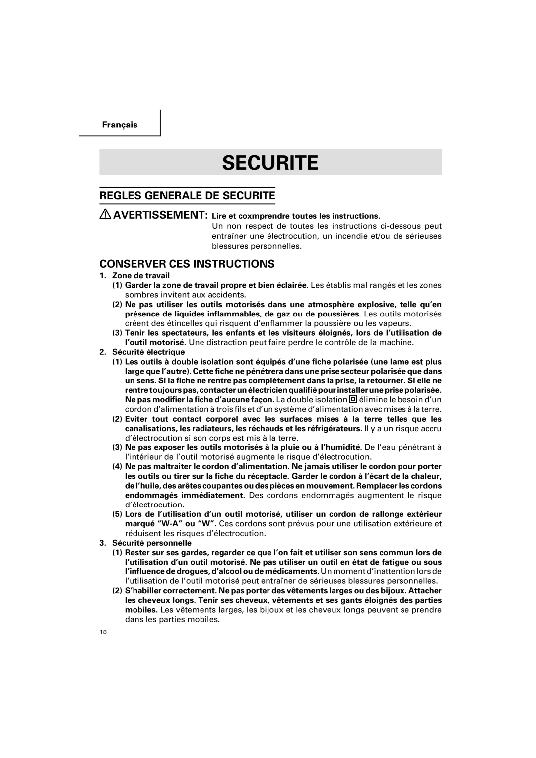 Hitachi G 12SA2 instruction manual Regles Generale DE Securite, Conserver CES Instructions 