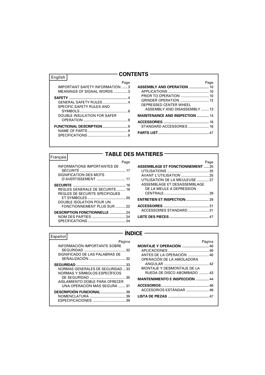 Hitachi G 12SA2 instruction manual Contents, Table DES Matieres, Índice 