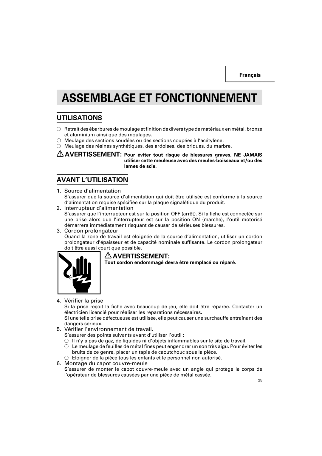 Hitachi G 12SA2 instruction manual Utilisations, Avant L’UTILISATION 