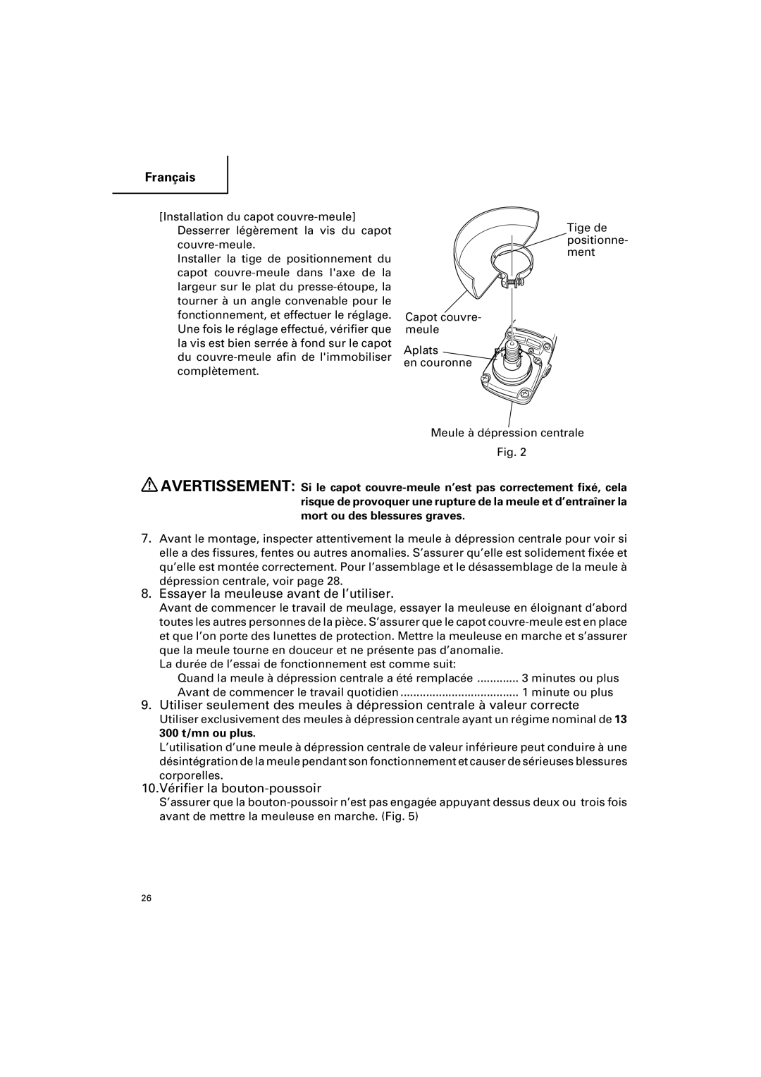 Hitachi G 12SA2 instruction manual Essayer la meuleuse avant de l’utiliser, 10.Vérifier la bouton-poussoir 