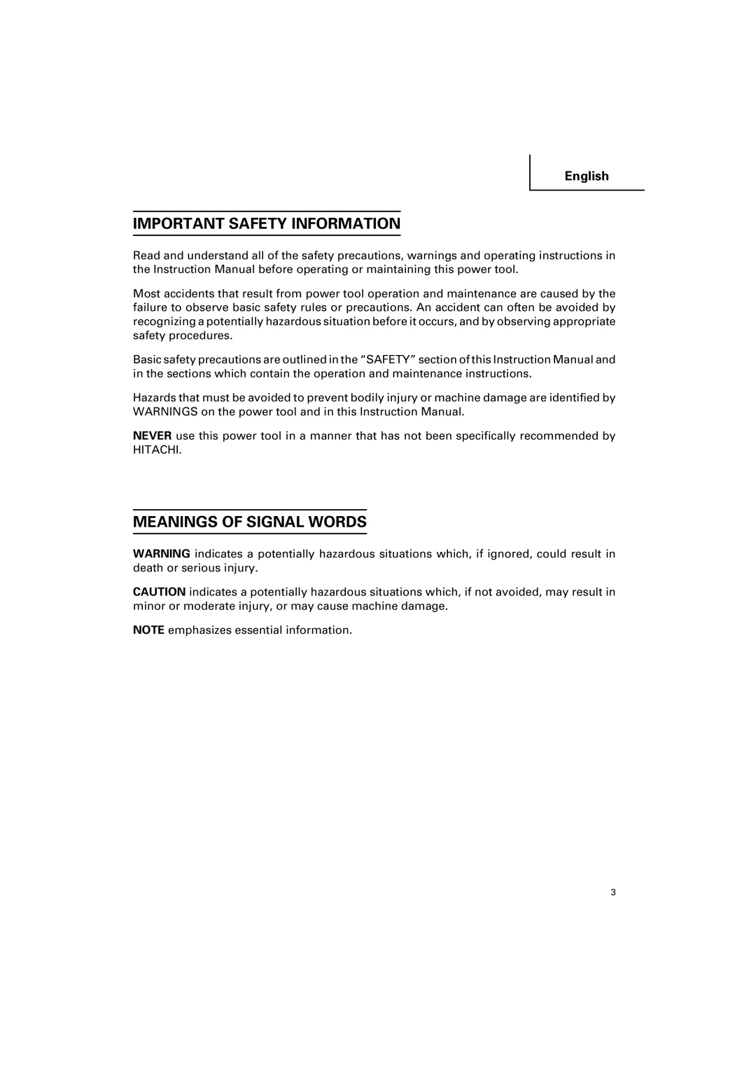 Hitachi G 12SA2 instruction manual Important Safety Information, Meanings of Signal Words 