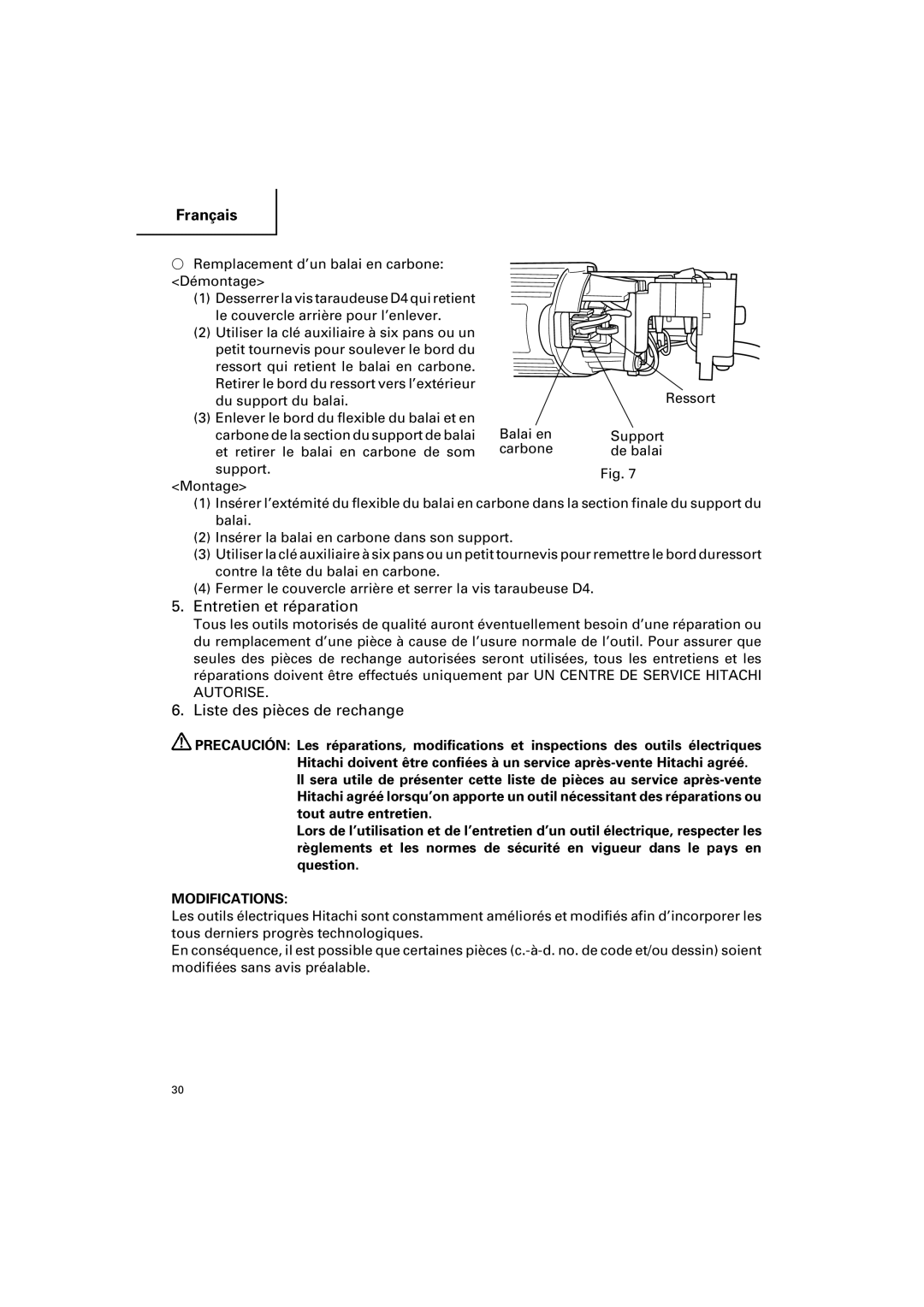 Hitachi G 12SA2 instruction manual Entretien et réparation, Liste des pièces de rechange 