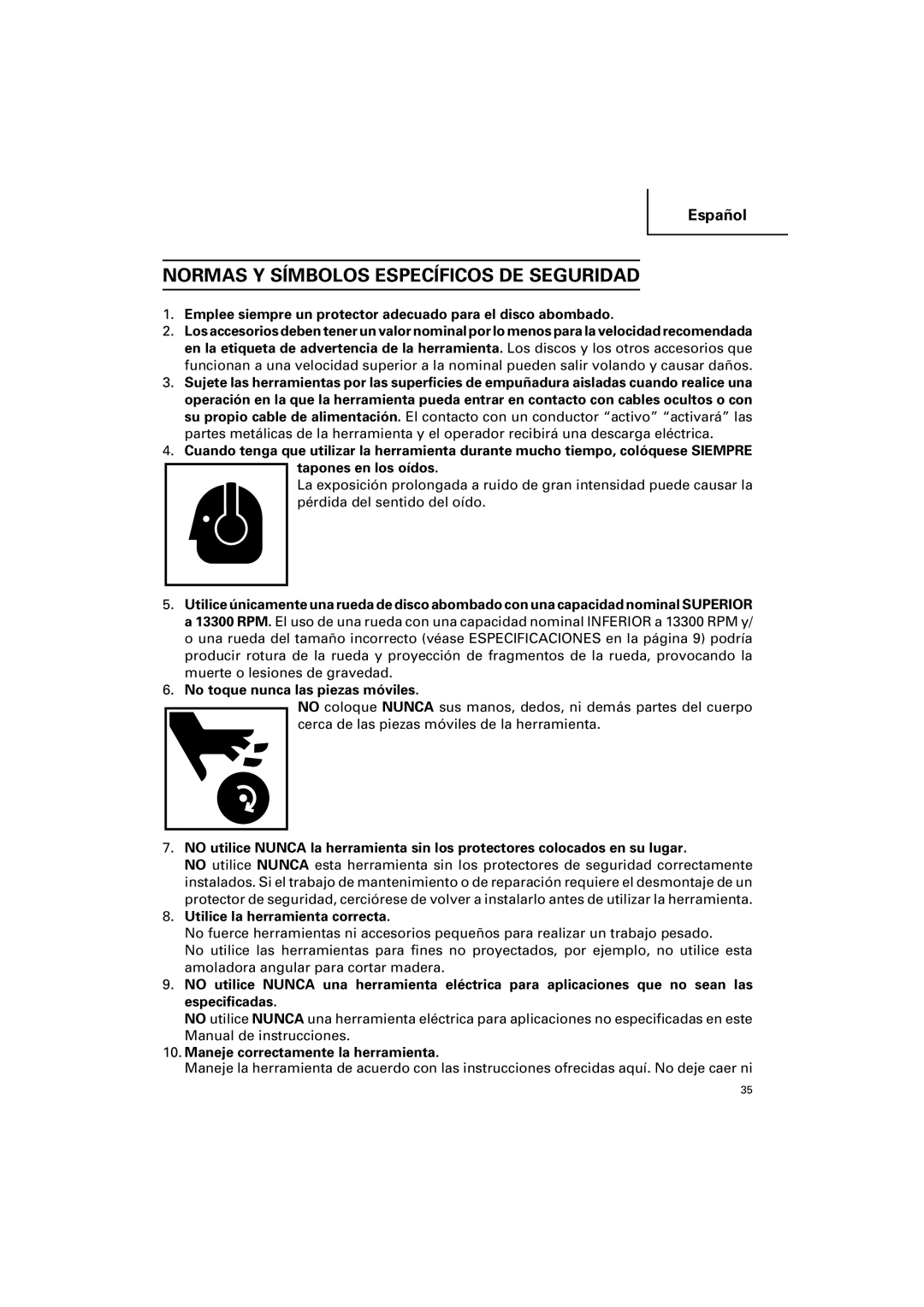 Hitachi G 12SA2 Normas Y Símbolos Específicos DE Seguridad, Emplee siempre un protector adecuado para el disco abombado 