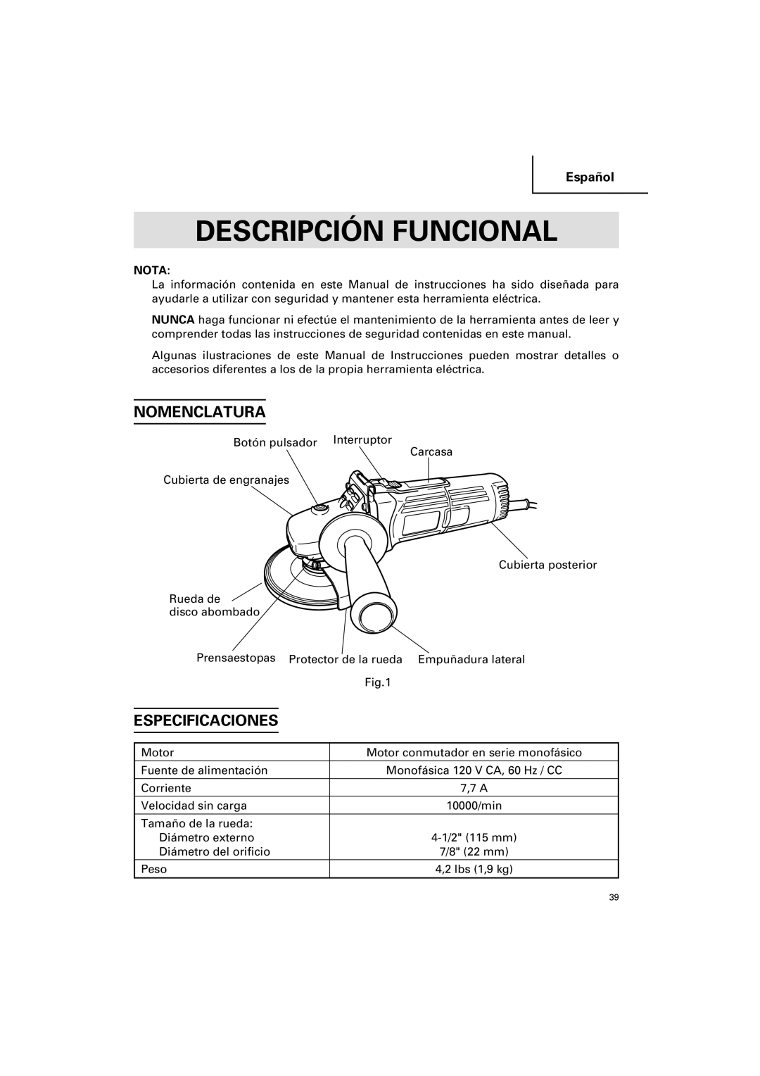 Hitachi G 12SA2 instruction manual Descripción Funcional, Nomenclatura, Especificaciones, Nota 