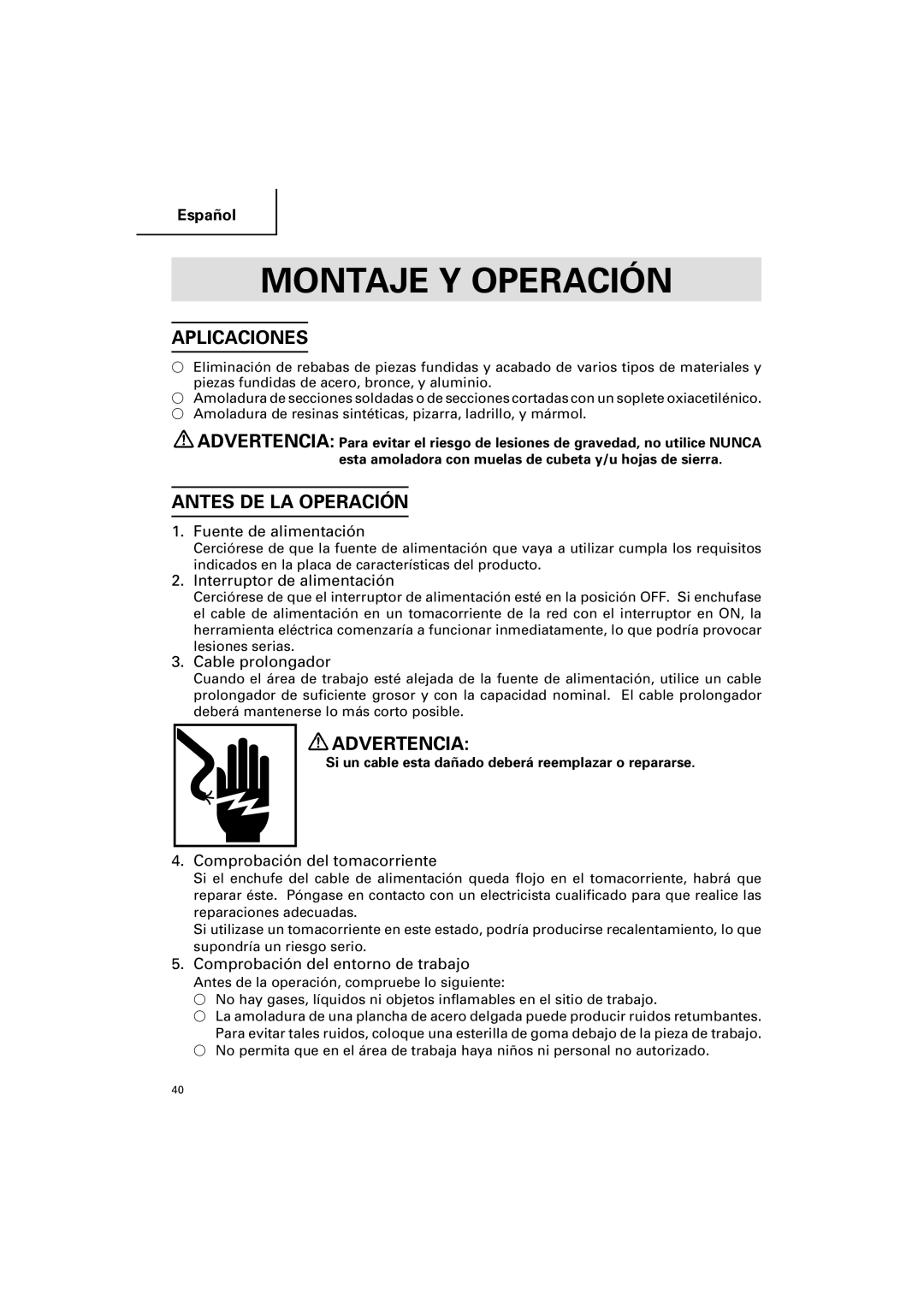 Hitachi G 12SA2 instruction manual Montaje Y Operación, Aplicaciones, Antes DE LA Operación 