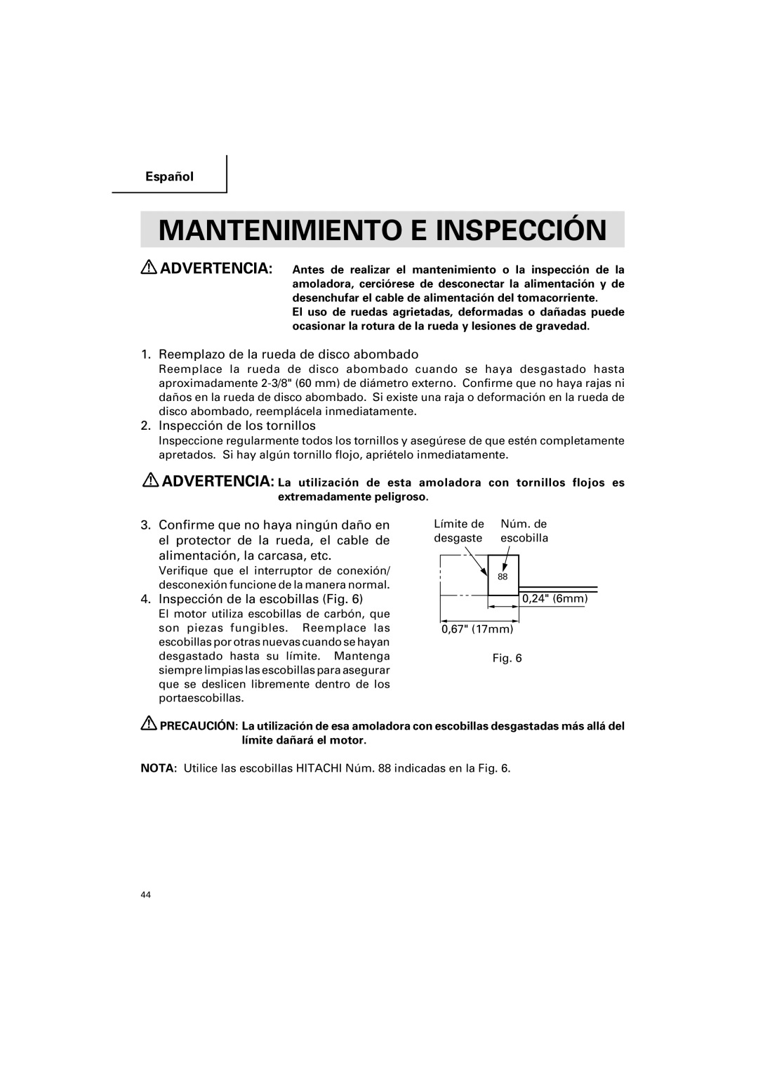 Hitachi G 12SA2 instruction manual Mantenimiento E Inspección 