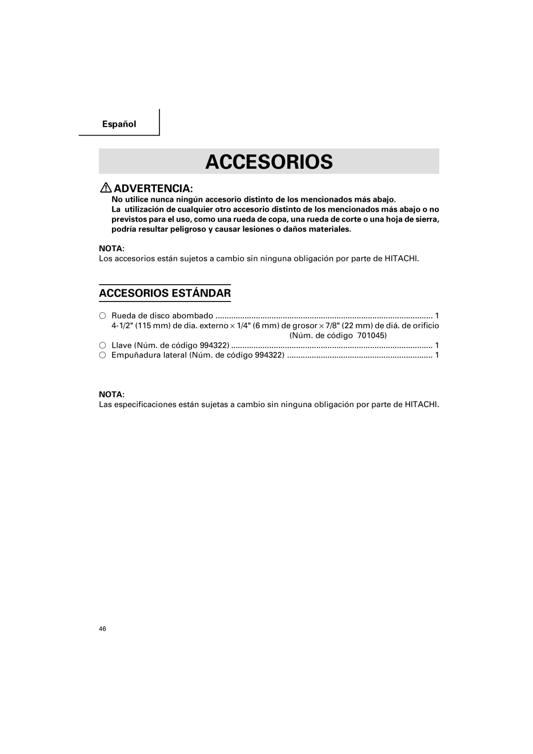 Hitachi G 12SA2 instruction manual Accesorios Estándar 