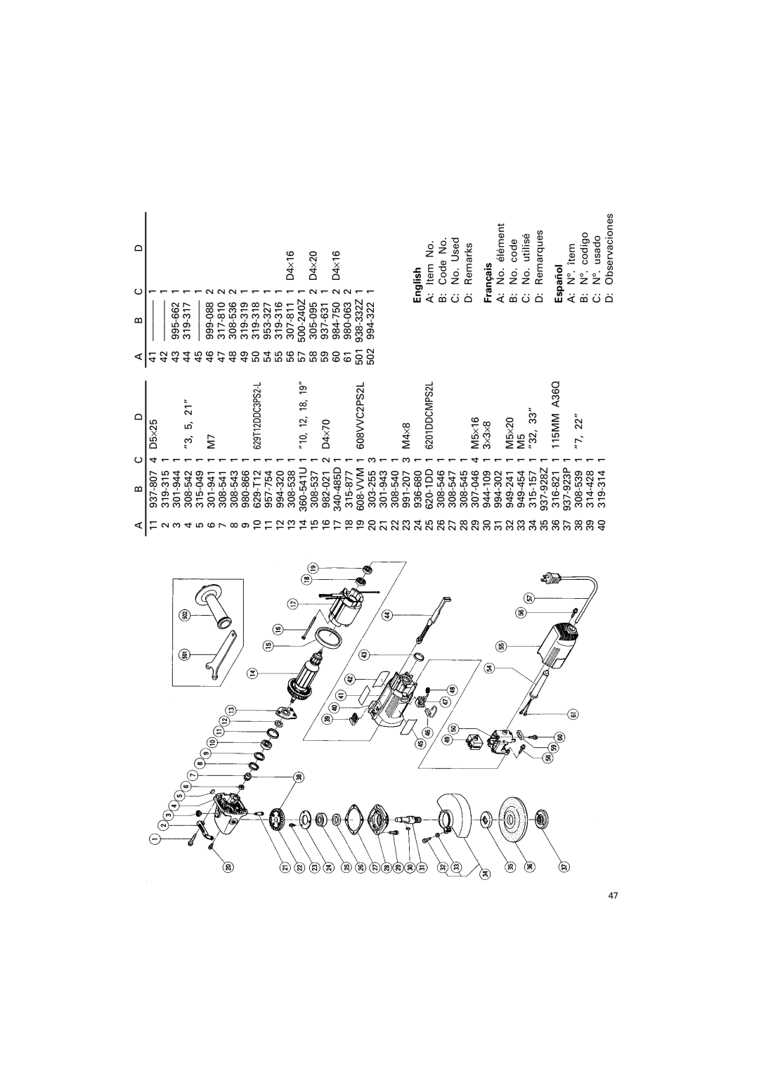 Hitachi G 12SA2 instruction manual Français a No.élément B No. code C No. utilisé D Remarques 