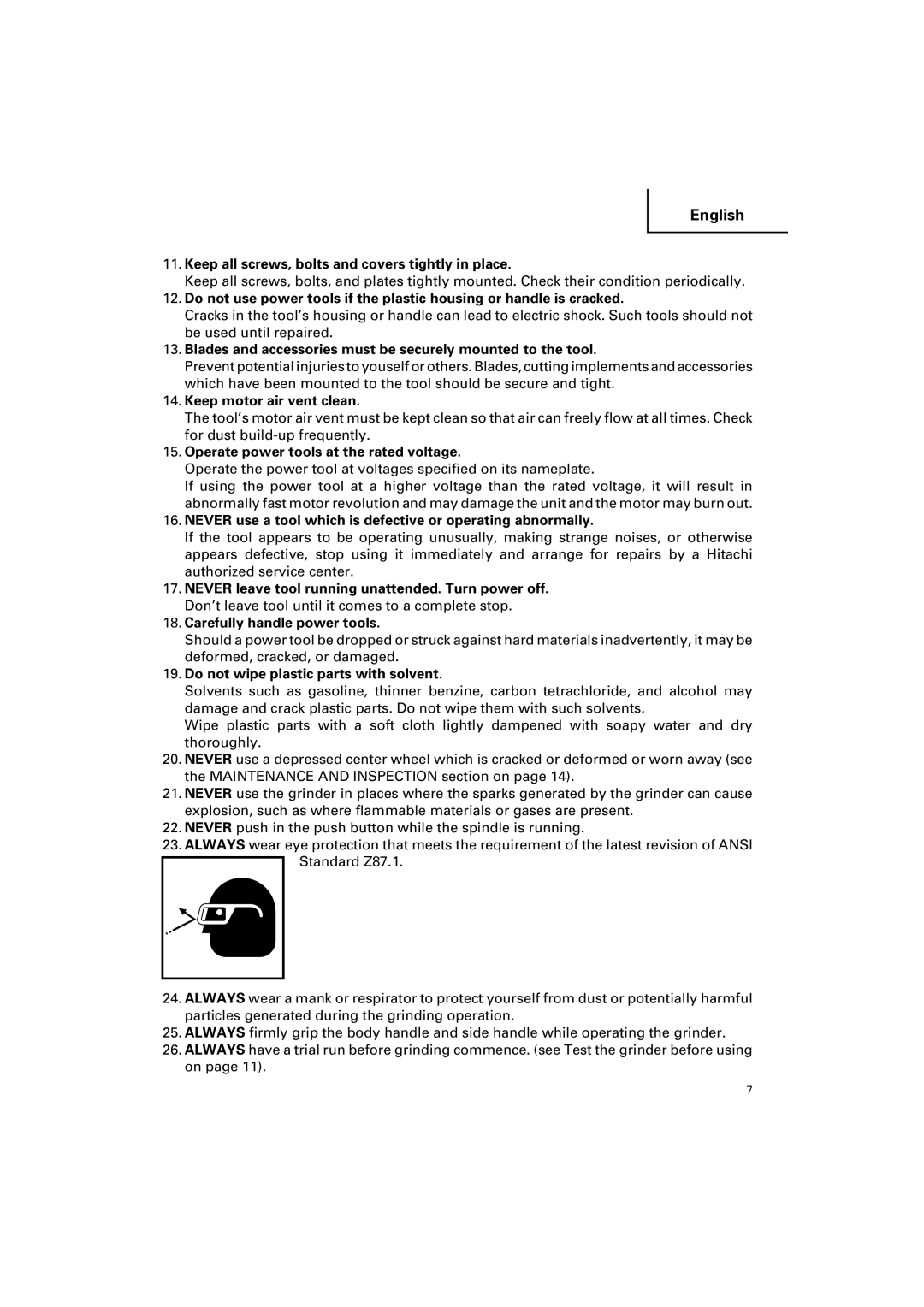 Hitachi G 12SA2 instruction manual Keep all screws, bolts and covers tightly in place, Keep motor air vent clean 