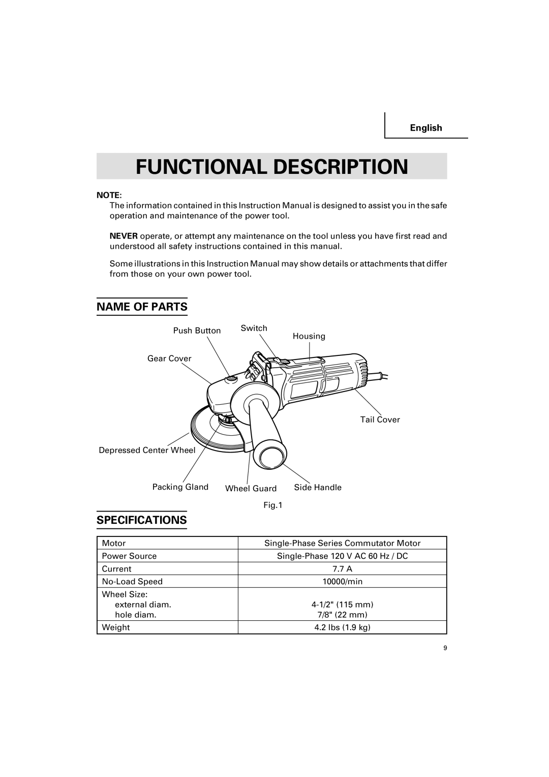 Hitachi G 12SA2 instruction manual Functional Description, Name of Parts, Specifications 