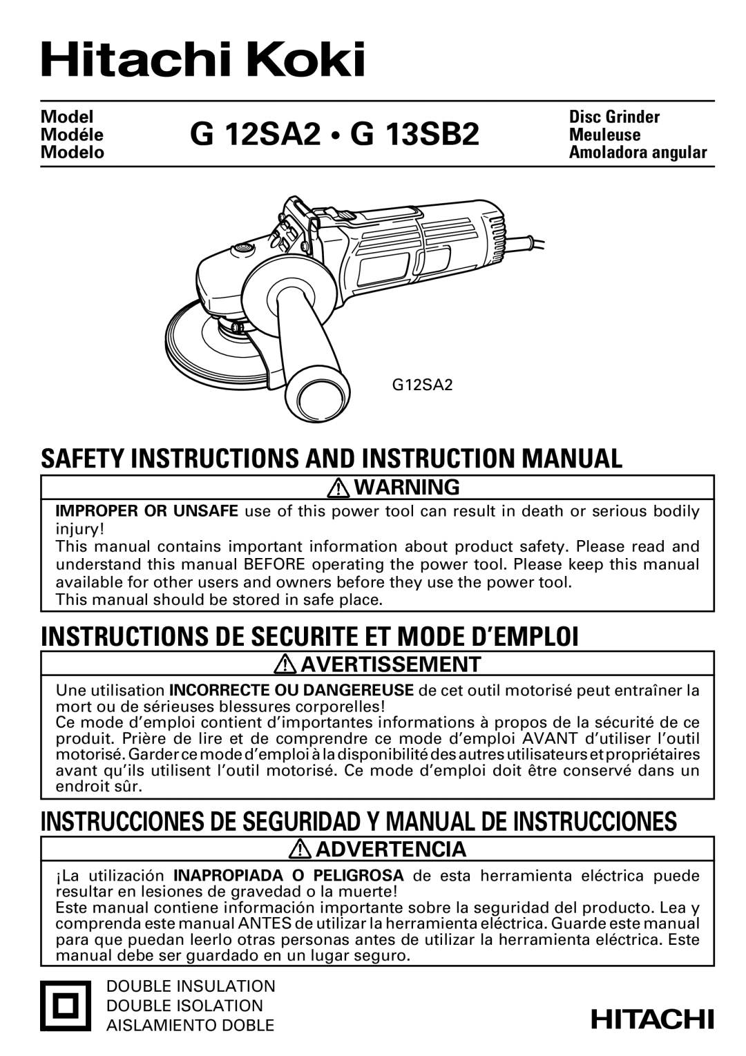 Hitachi G 12SA2, G 13SB2 instruction manual Avertissement, Advertencia 