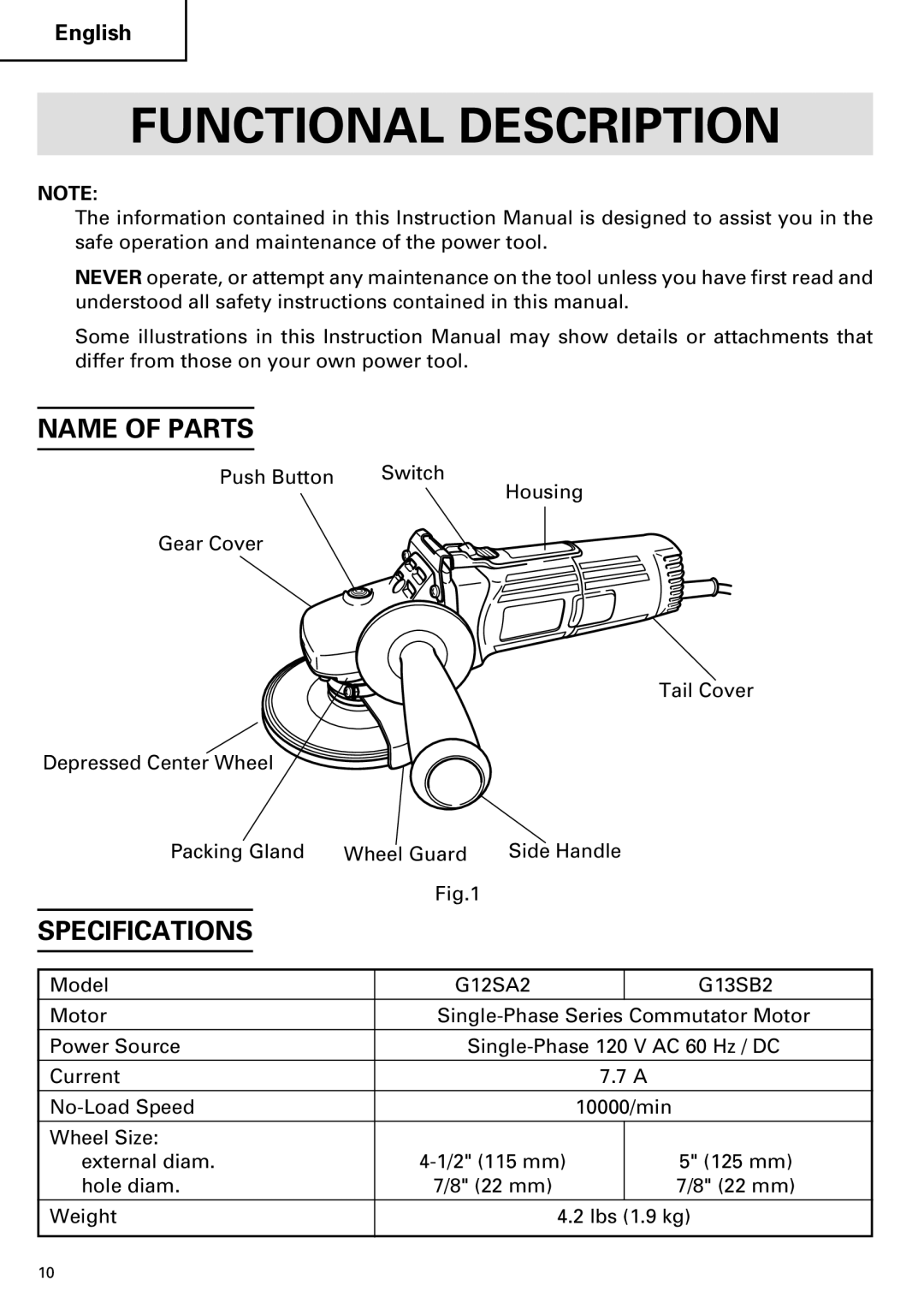 Hitachi G 13SB2, G 12SA2 instruction manual Functional Description, Name of Parts, Specifications 