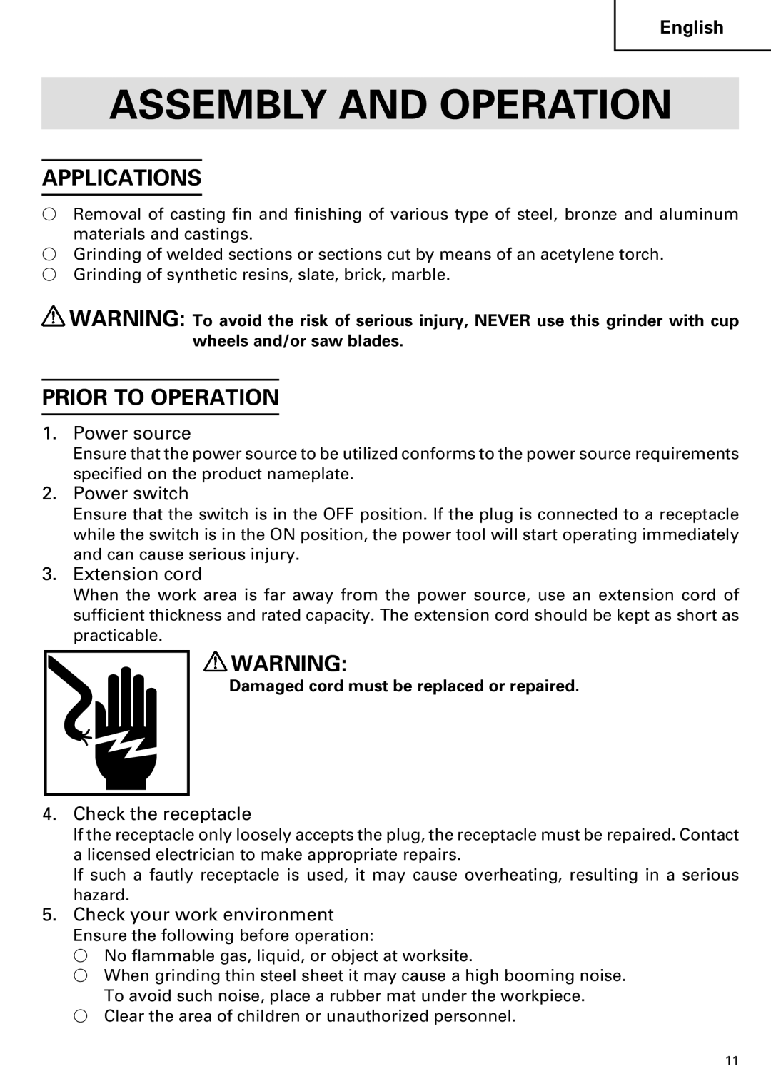 Hitachi G 12SA2, G 13SB2 instruction manual Assembly and Operation, Applications, Prior to Operation 