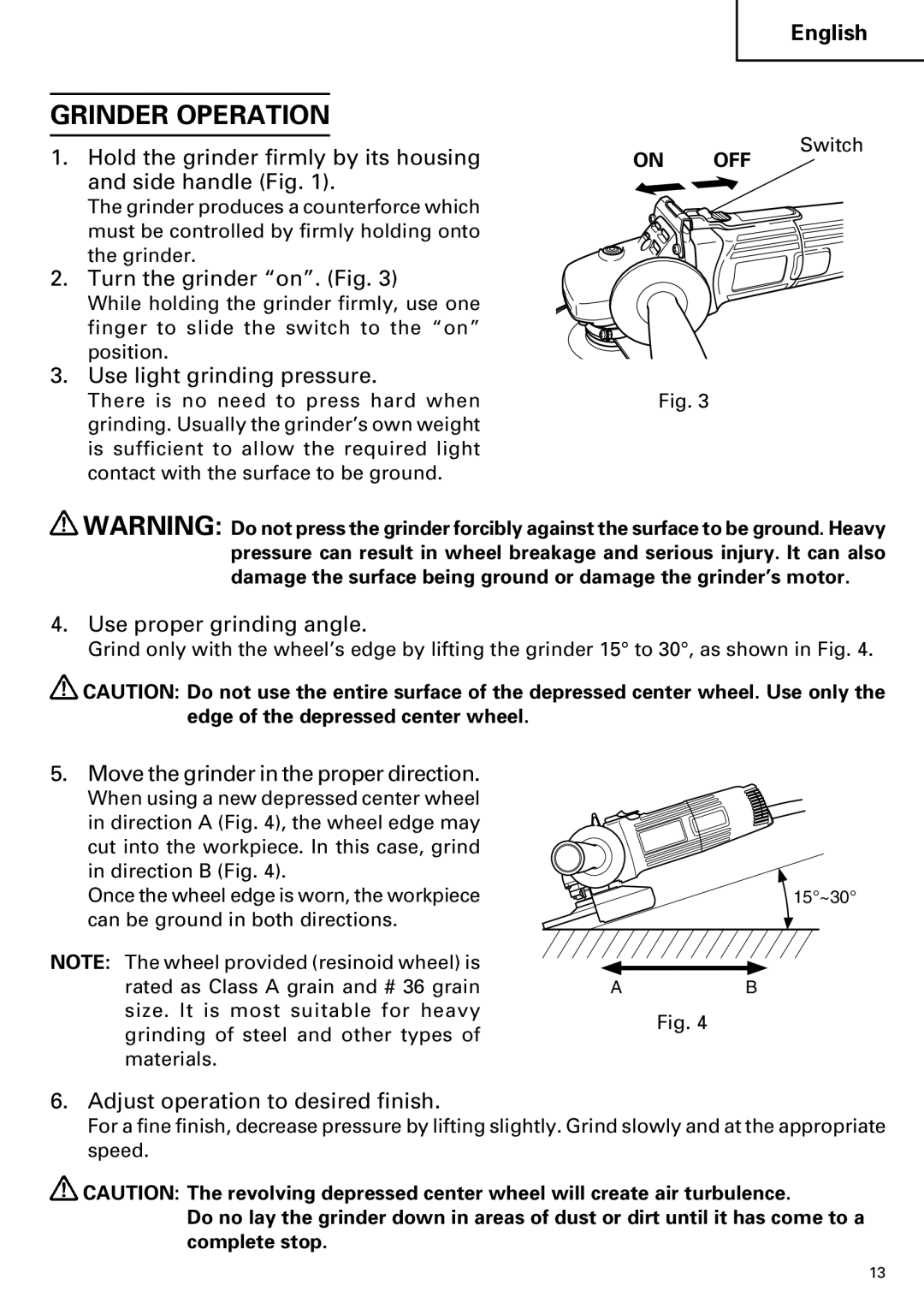 Hitachi G 12SA2, G 13SB2 instruction manual Grinder Operation 