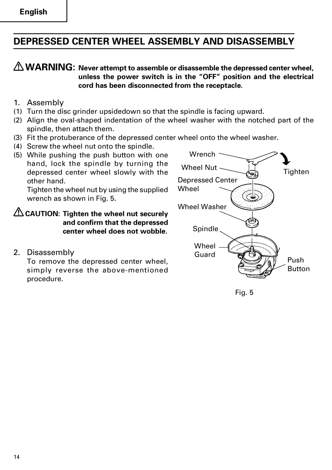 Hitachi G 13SB2, G 12SA2 instruction manual Depressed Center Wheel Assembly and Disassembly 