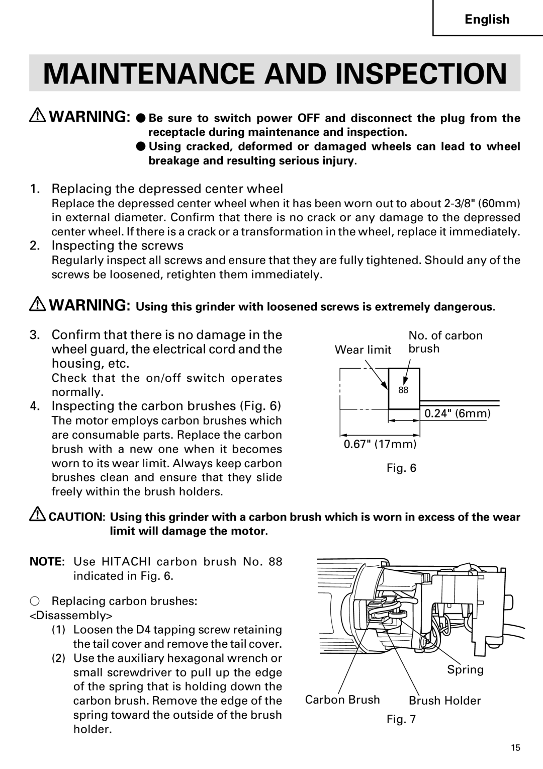 Hitachi G 12SA2, G 13SB2 instruction manual Maintenance and Inspection 