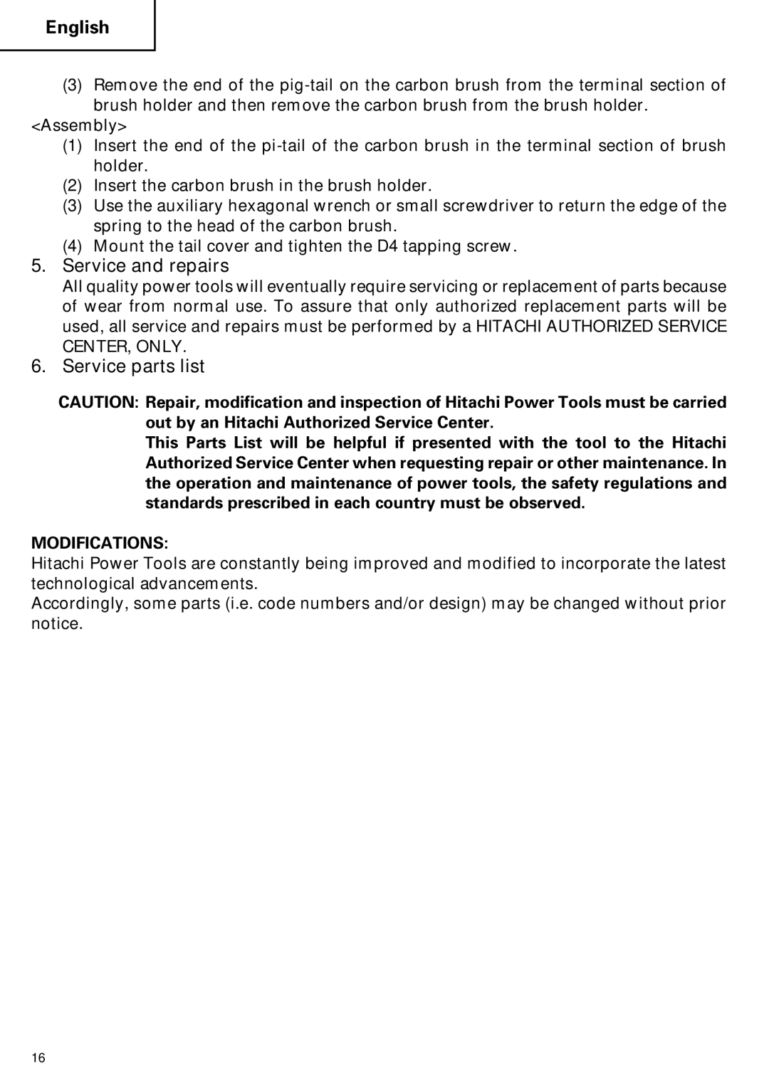 Hitachi G 13SB2, G 12SA2 instruction manual Service and repairs, Service parts list 