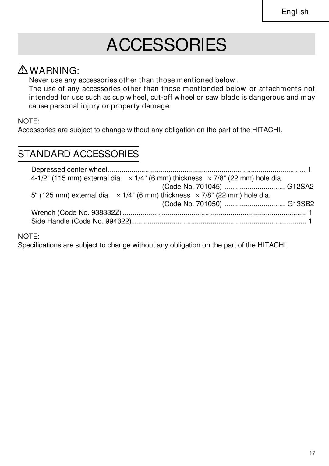 Hitachi G 12SA2, G 13SB2 instruction manual Standard Accessories 