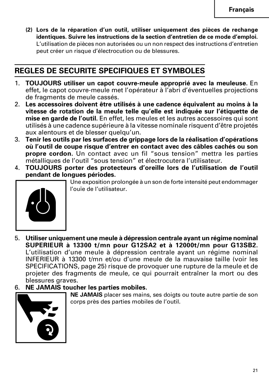 Hitachi G 12SA2, G 13SB2 instruction manual Regles DE Securite Specifiques ET Symboles 