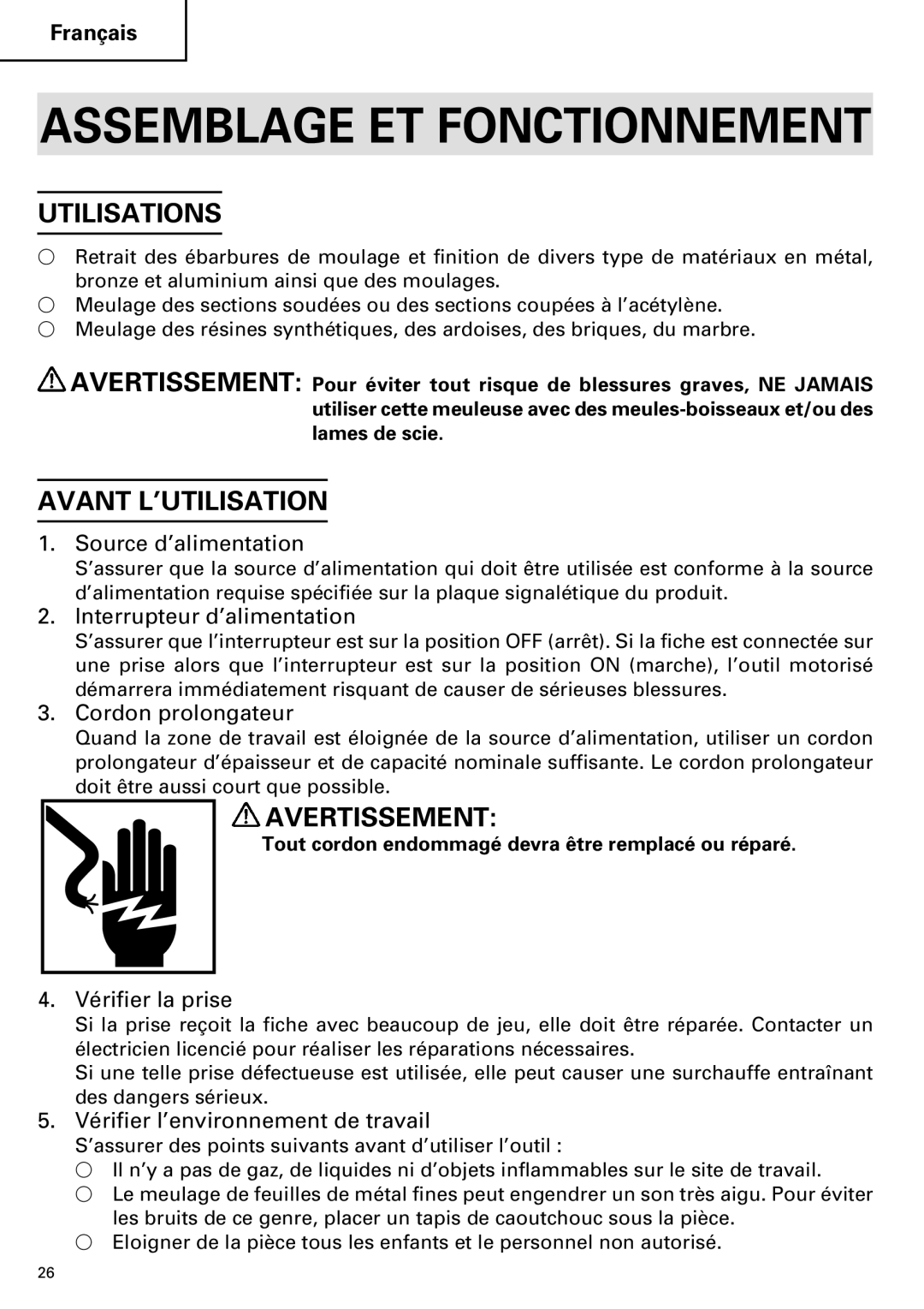 Hitachi G 13SB2, G 12SA2 instruction manual Assemblage ET Fonctionnement, Utilisations, Avant L’UTILISATION 