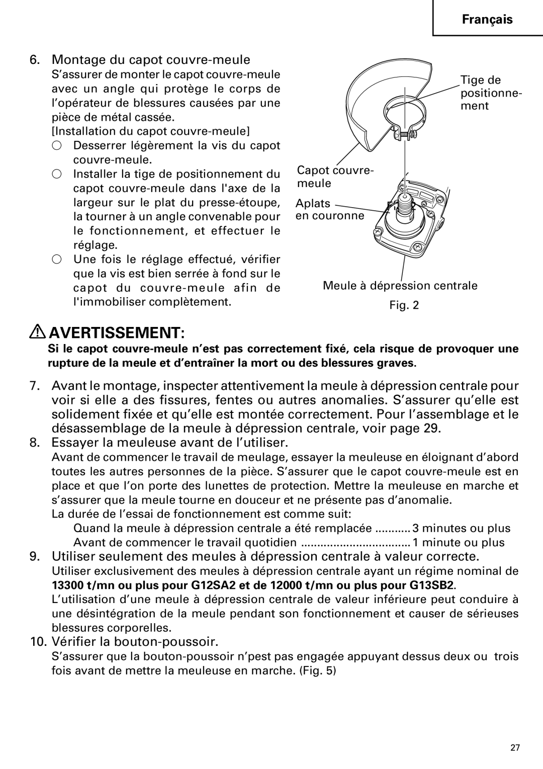 Hitachi G 12SA2, G 13SB2 instruction manual Montage du capot couvre-meule, 10. Vérifier la bouton-poussoir 