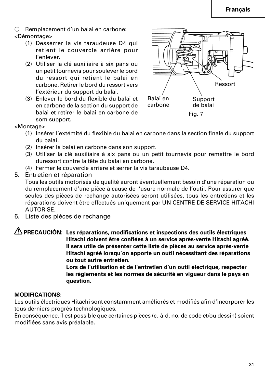 Hitachi G 12SA2, G 13SB2 instruction manual Entretien et réparation, Liste des pièces de rechange 