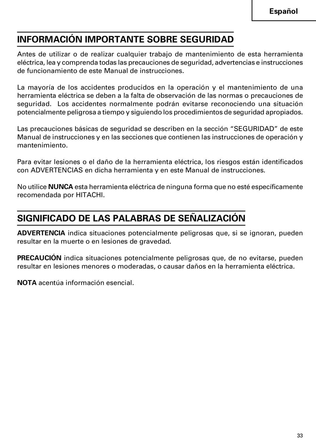 Hitachi G 12SA2, G 13SB2 Información Importante Sobre Seguridad, Significado DE LAS Palabras DE Señalización 