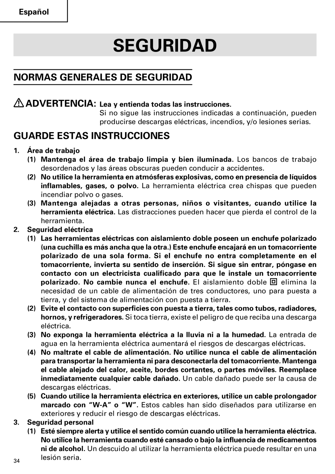 Hitachi G 13SB2, G 12SA2 instruction manual Normas Generales DE Seguridad, Guarde Estas Instrucciones 