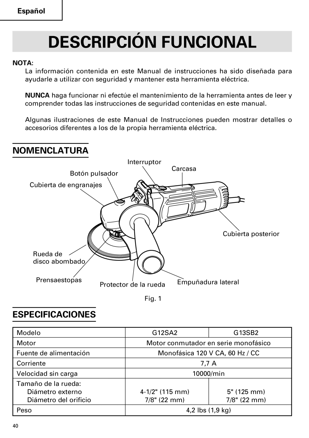 Hitachi G 13SB2, G 12SA2 instruction manual Descripción Funcional, Nomenclatura 