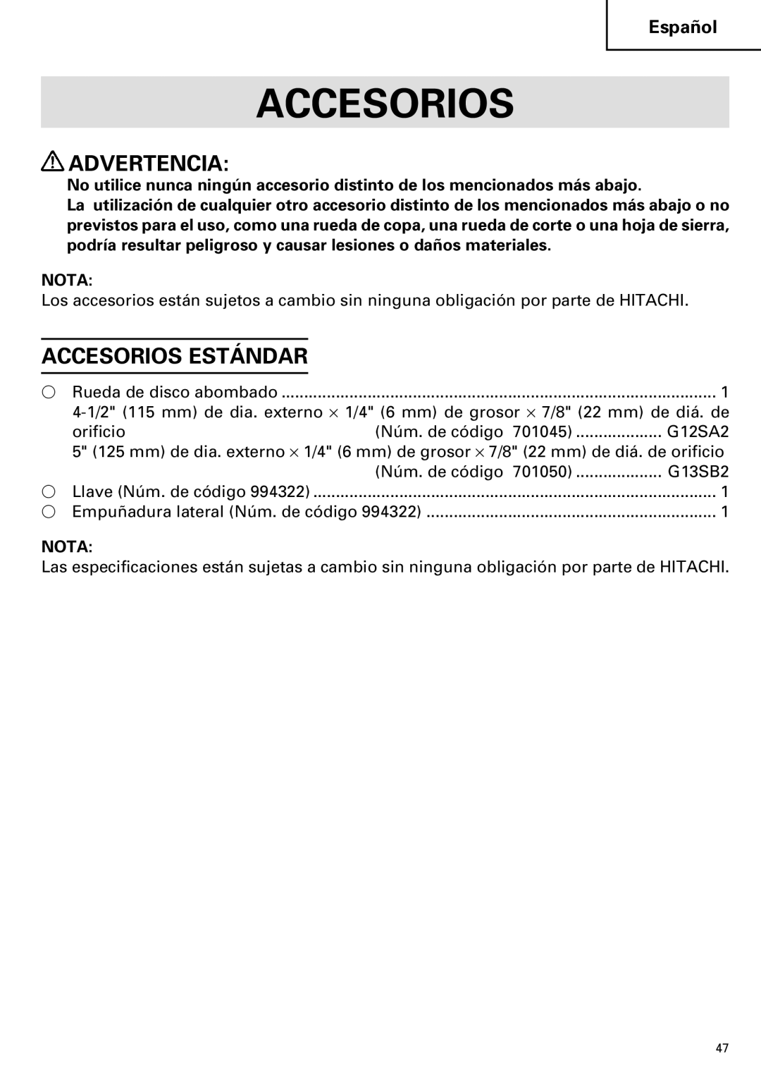 Hitachi G 12SA2, G 13SB2 instruction manual Accesorios Estándar 