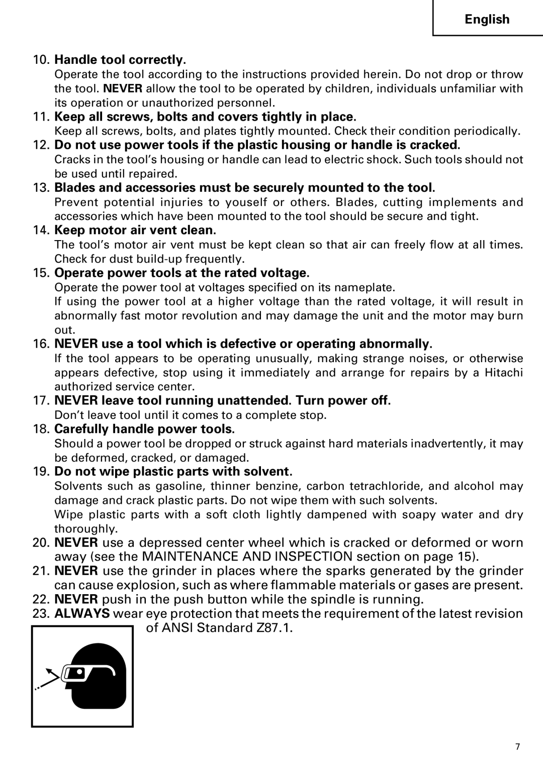 Hitachi G 12SA2, G 13SB2 instruction manual Keep all screws, bolts and covers tightly in place 