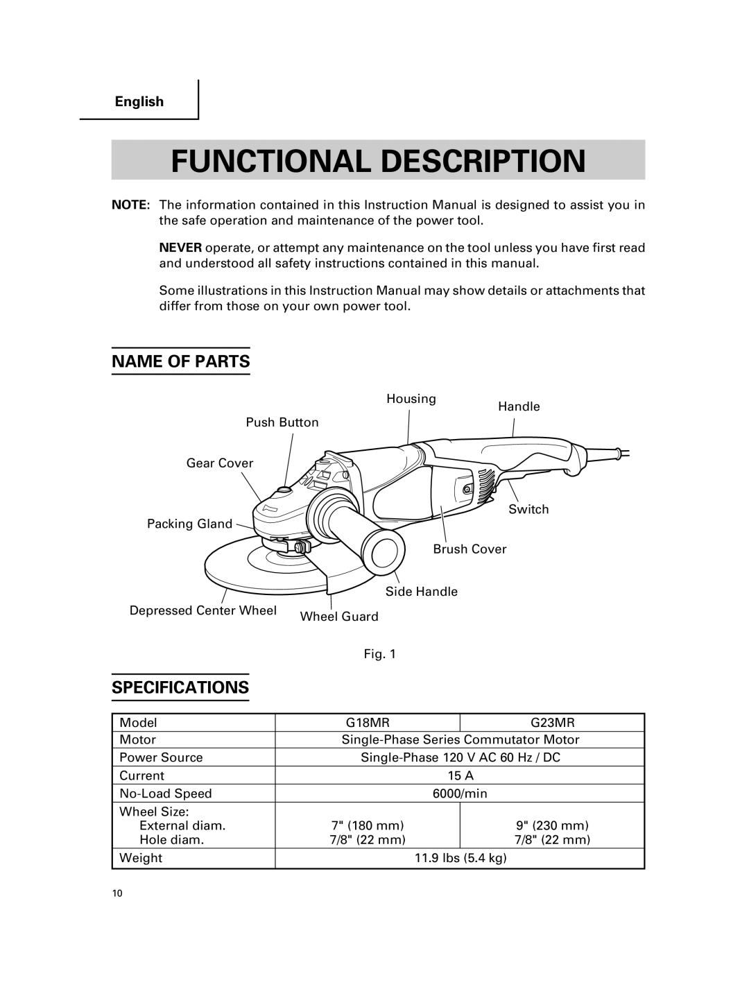 Hitachi G 23MR, G 18MR instruction manual Functional Description, Name of Parts, Specifications 