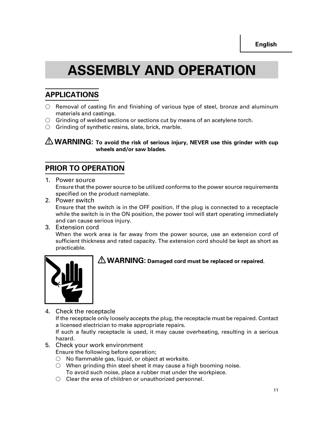 Hitachi G 18MR, G 23MR instruction manual Assembly and Operation, Applications, Prior to Operation 