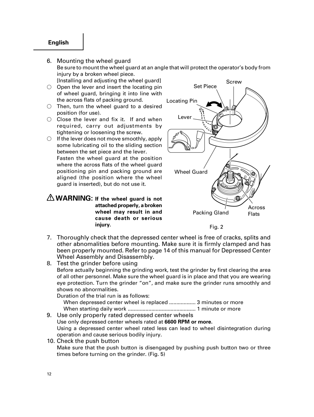 Hitachi G 23MR, G 18MR Mounting the wheel guard, Use only properly rated depressed center wheels, Check the push button 