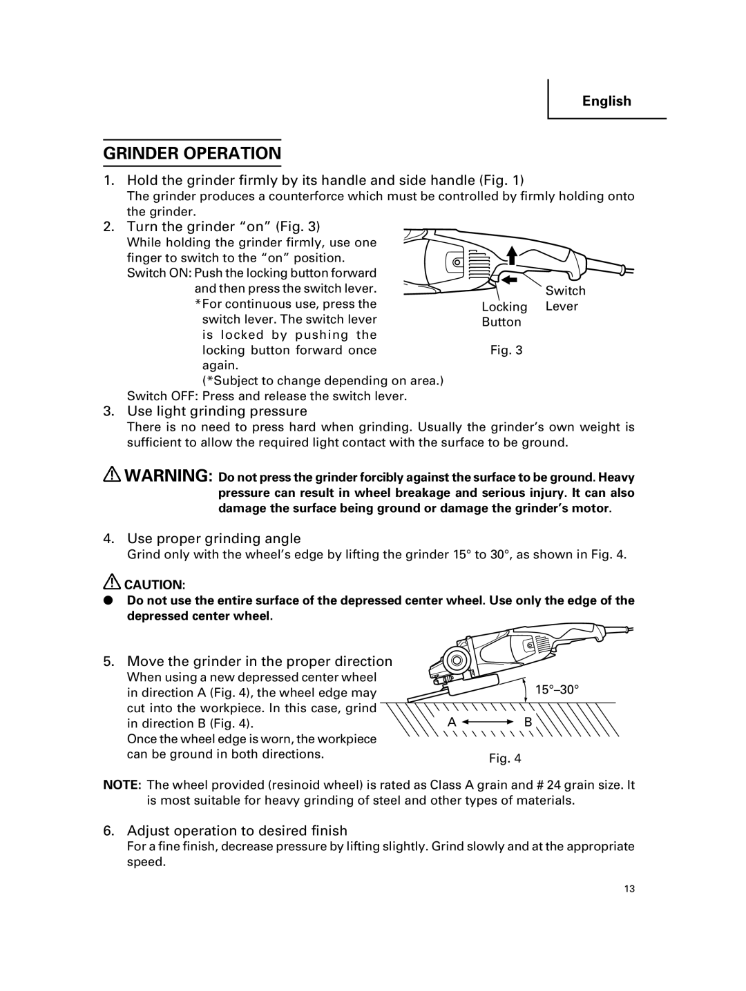 Hitachi G 18MR, G 23MR instruction manual Grinder Operation 