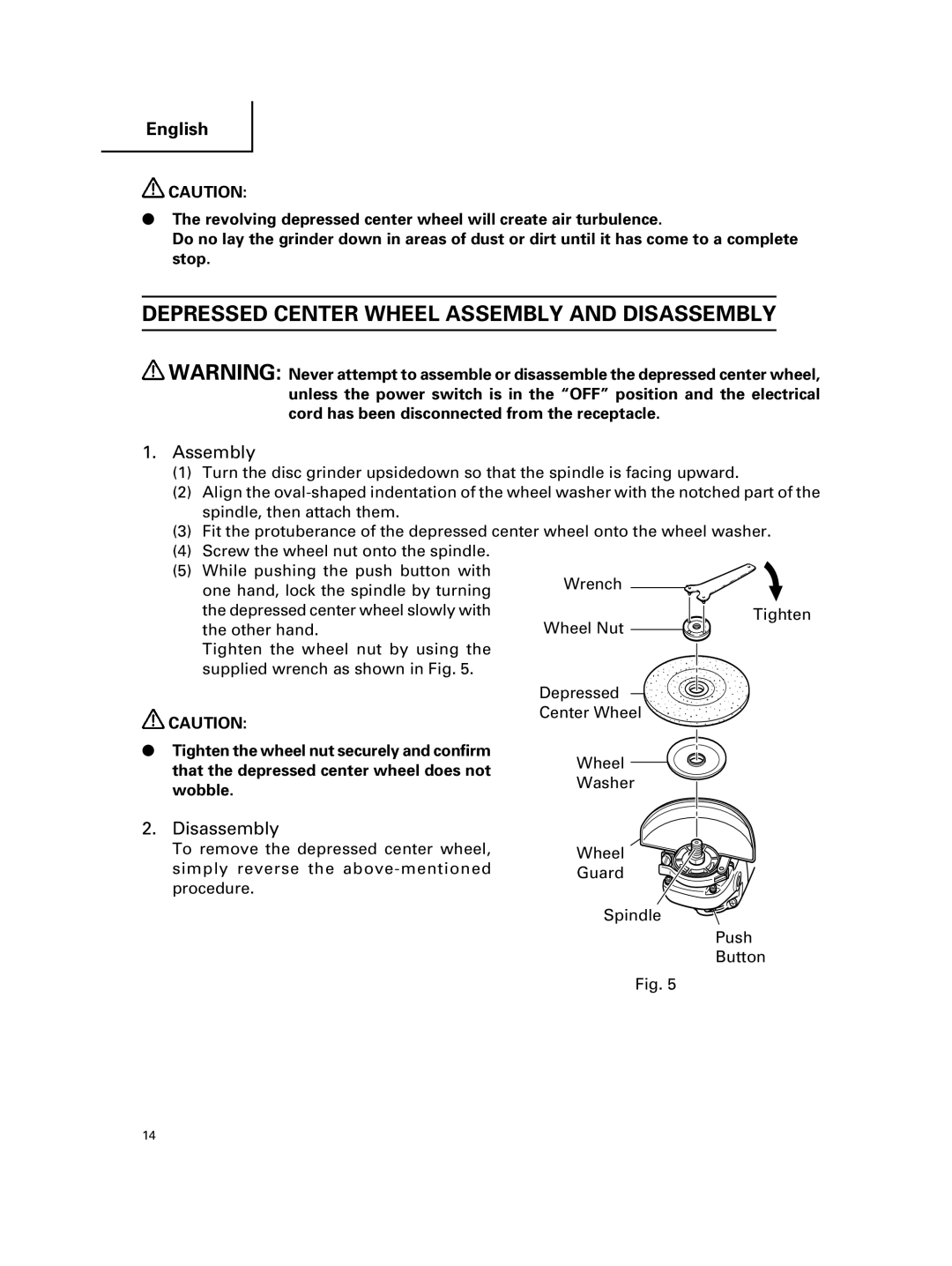 Hitachi G 23MR, G 18MR instruction manual Depressed Center Wheel Assembly and Disassembly 