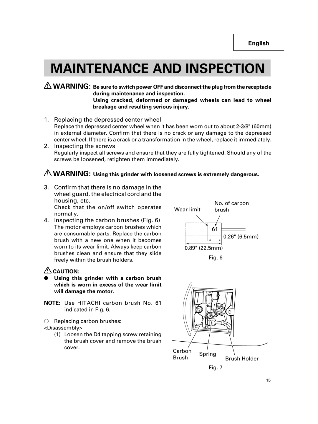 Hitachi G 18MR, G 23MR Maintenance and Inspection, Replacing the depressed center wheel, Inspecting the screws 