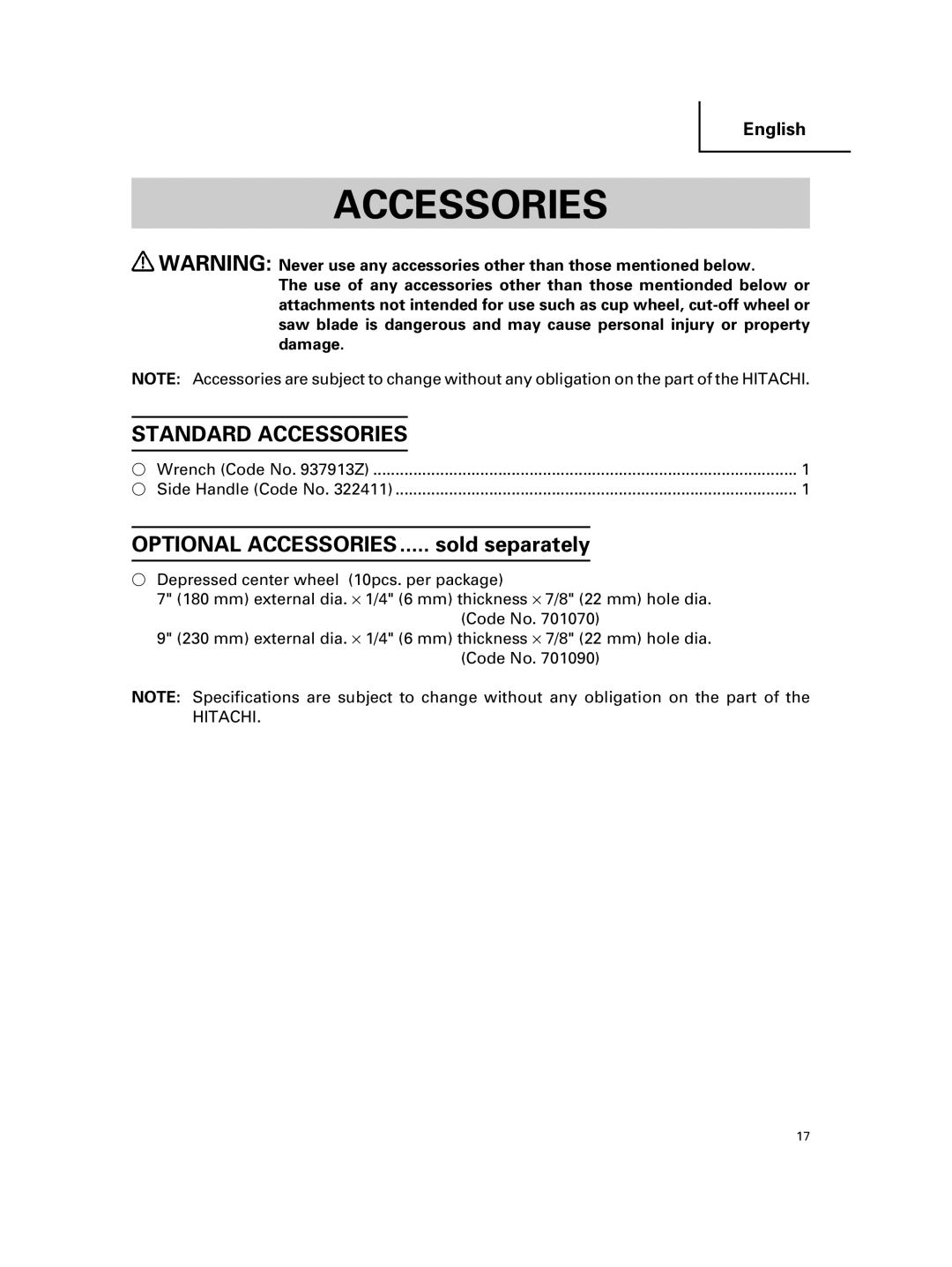 Hitachi G 18MR, G 23MR instruction manual Standard Accessories 