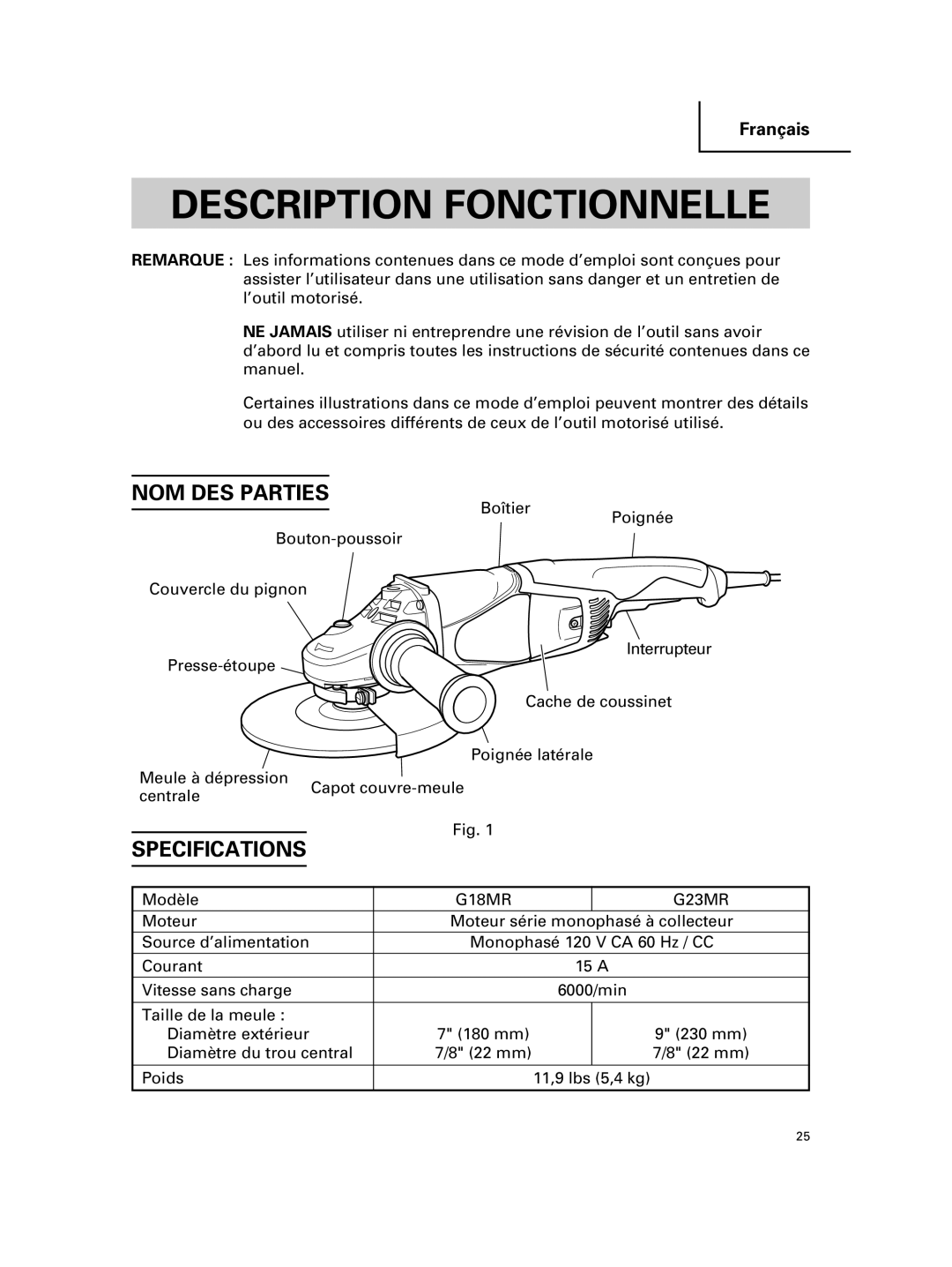 Hitachi G 18MR, G 23MR instruction manual Description Fonctionnelle, NOM DES Parties 