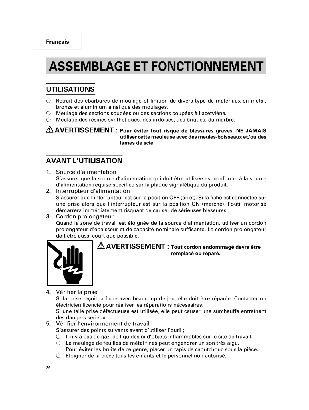 Hitachi G 23MR, G 18MR instruction manual Utilisations, Avant L’UTILISATION 