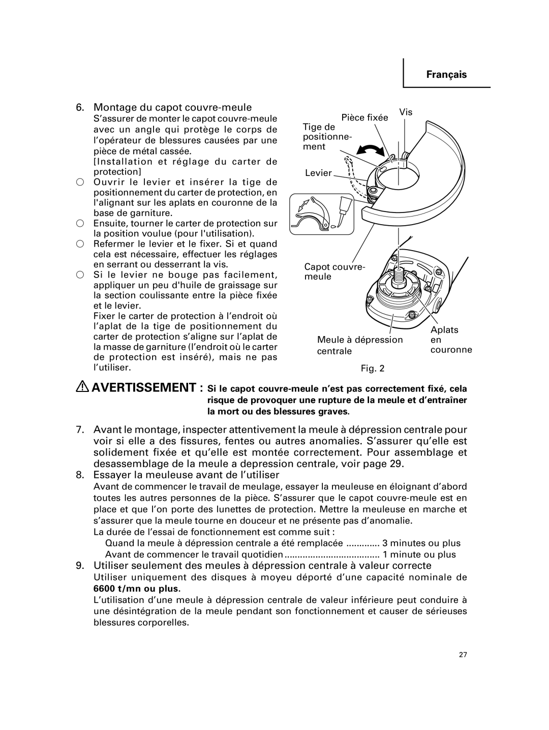 Hitachi G 18MR, G 23MR instruction manual Montage du capot couvre-meule, 6600 t/mn ou plus 