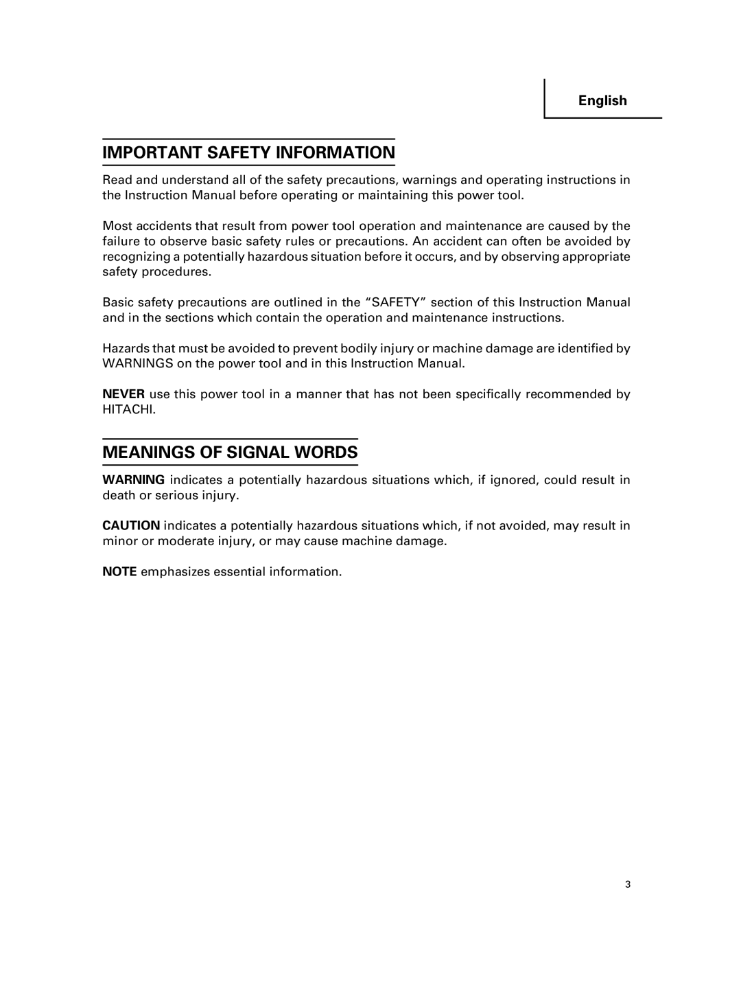 Hitachi G 18MR, G 23MR instruction manual Important Safety Information, Meanings of Signal Words 