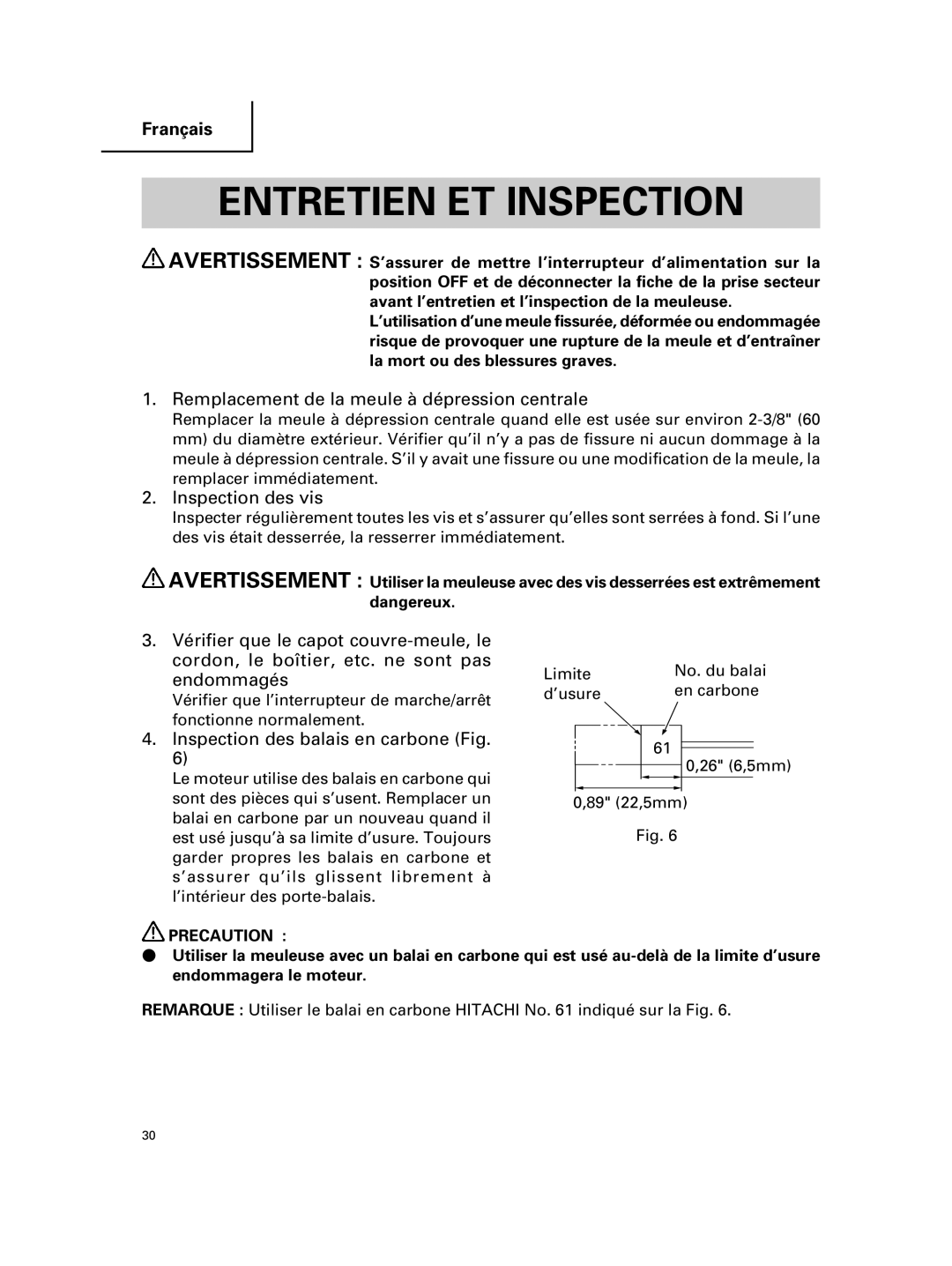 Hitachi G 23MR, G 18MR Entretien ET Inspection, Remplacement de la meule à dépression centrale, Inspection des vis 